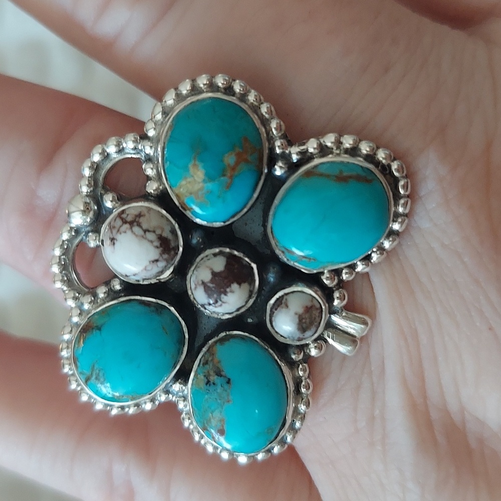 Sterling Silver Large Adjustable Butterfly Ring KingmanTurquoise&Wild Horse 5-10